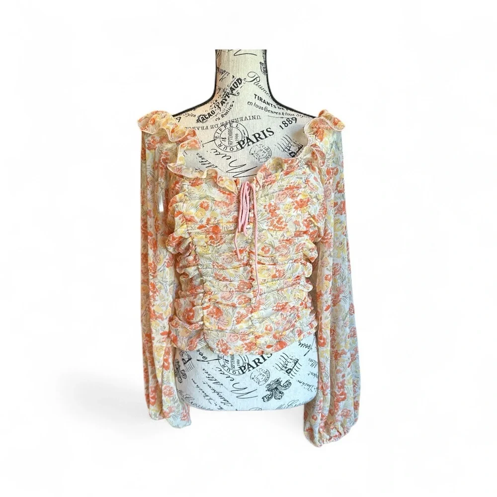 Free People Mabel Printed Blouse M Floral Sheer Sleeve Corset Fairy Ren-Faire
